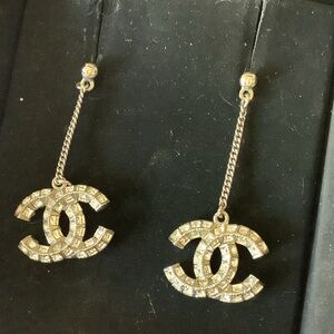 CHANEL Gold and Silver Crystal Dangle Earrings